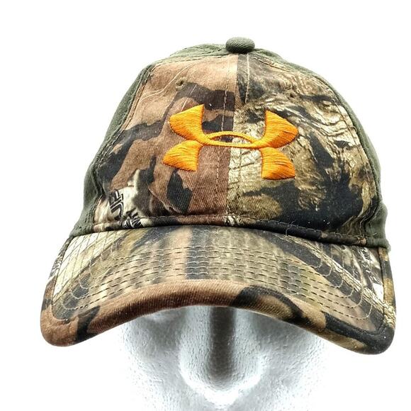 Under Armour Real Tree Camouflage Hat Breakup Flex Fitted Camo M/L Orange Logo - Picture 1 of 12